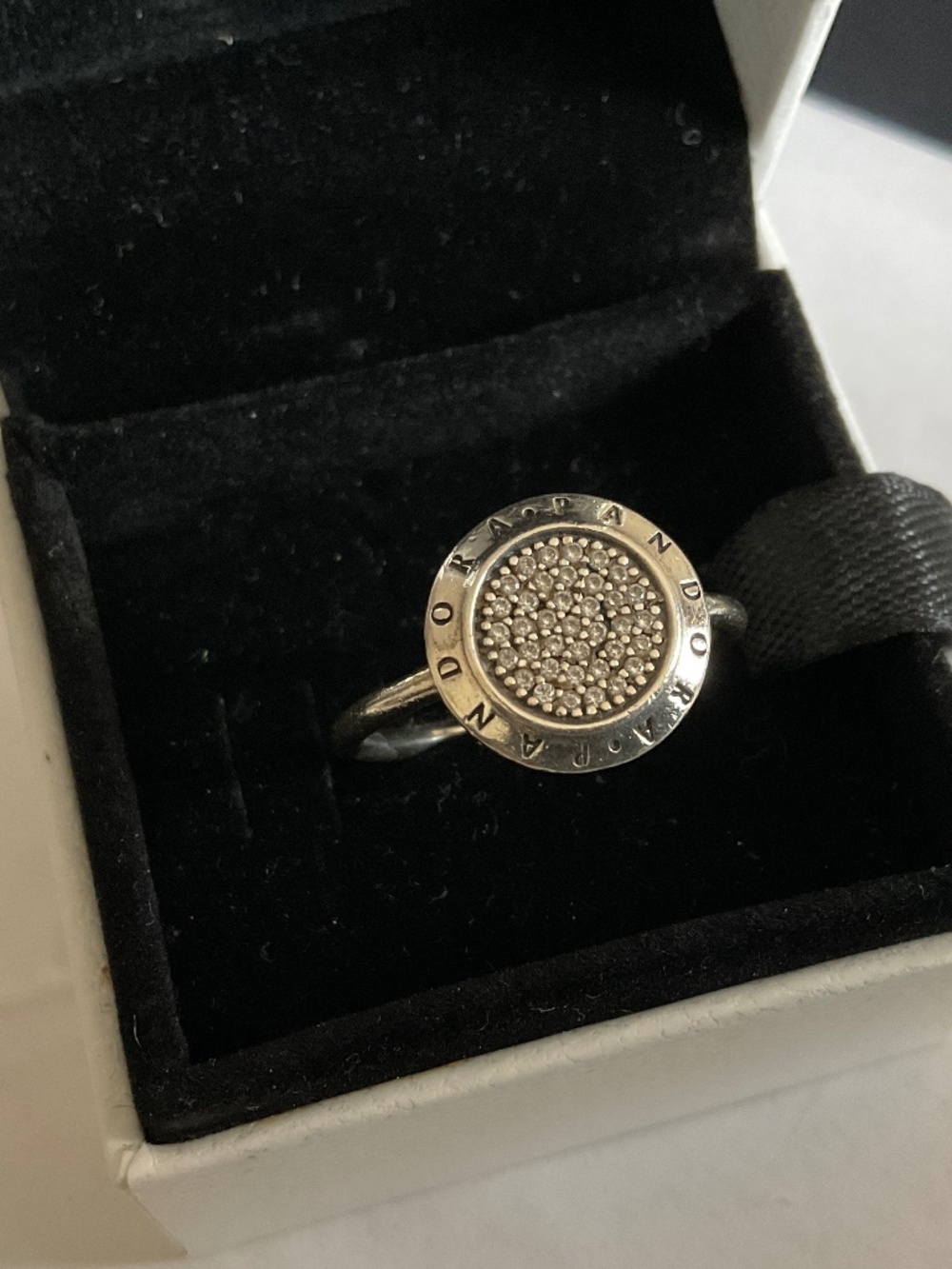 Pandora Silver Pavé Logo Disc Ring with Clear Crystals